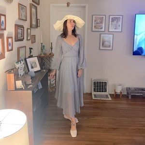 Flowing blue and red floral bishop sleeve dress. Size M